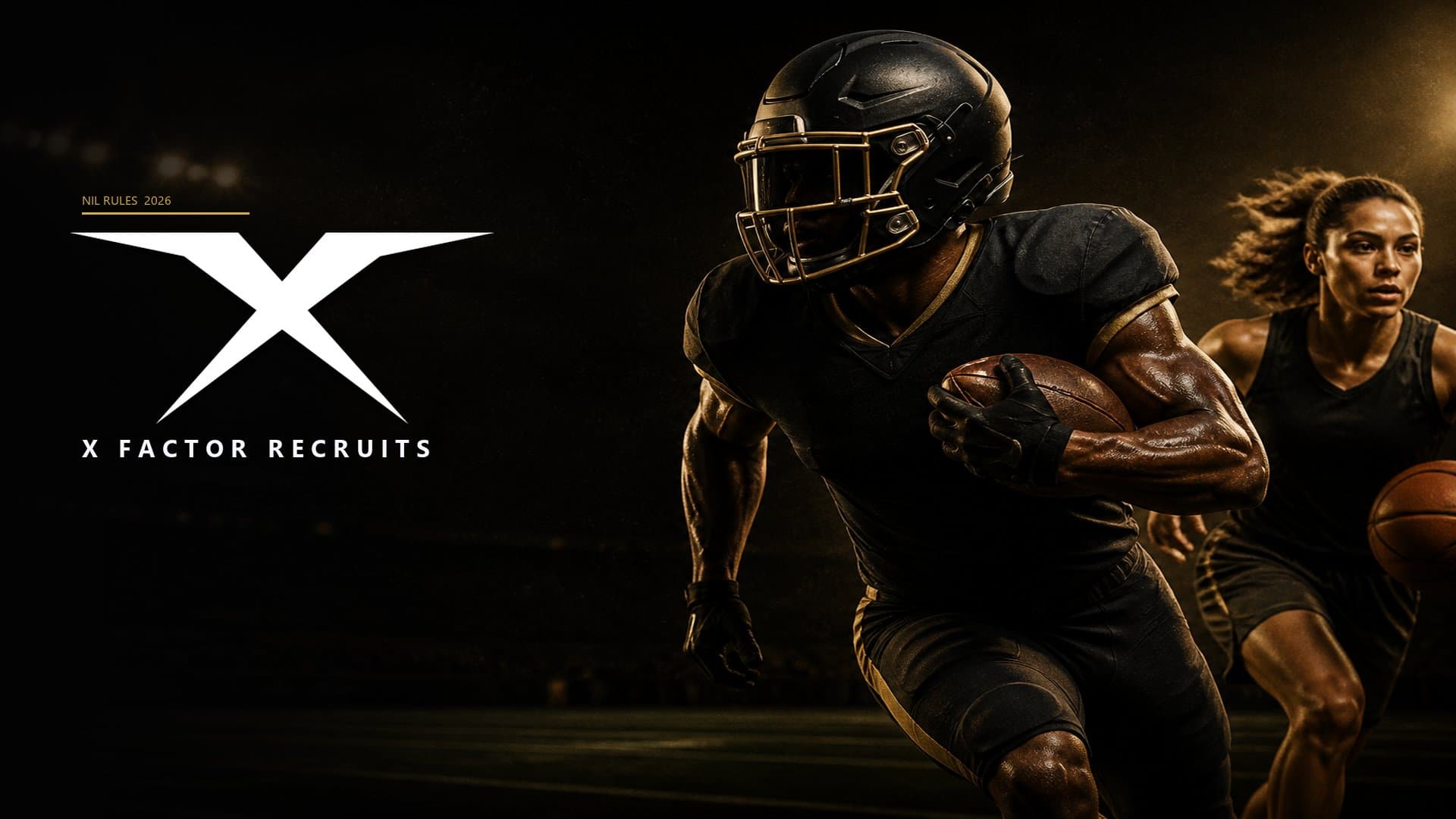 College football and basketball athletes under stadium lights, representing Name, Image, and Likeness rules